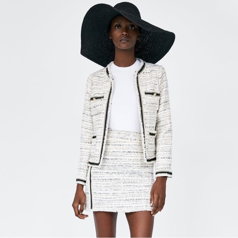 2 pc set Zara tweed like texture black off white cream blazer button skirt XS
